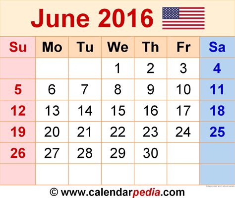 Calendar For June 2016